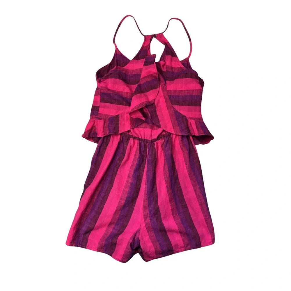 Anthropologie MELIA‎ AMADI Women Pink Purple Striped Ruffle Overlay Romper Small